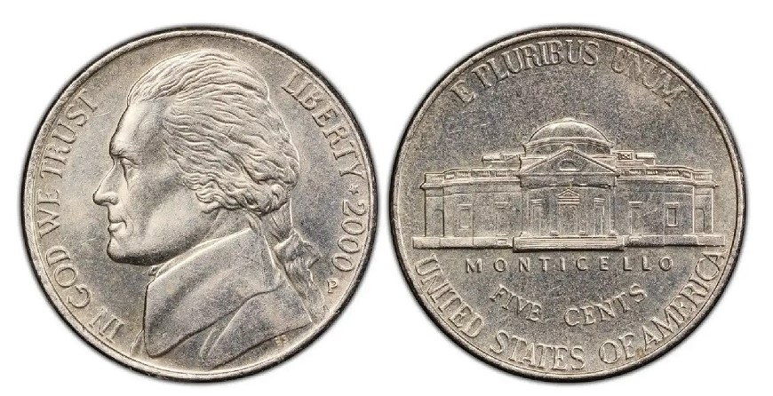 2000-P Jefferson nickel obverse and reverse in high-grade uncirculated condition