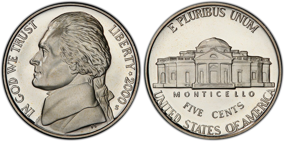 Grading strip showing four 2000 Jefferson nickels from worn circulated to gem uncirculated condition