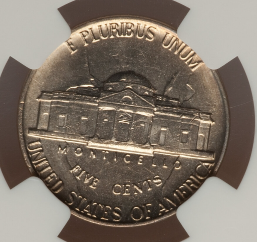 2000-P Jefferson nickel die clash error showing faint ghost impression of Monticello on the obverse