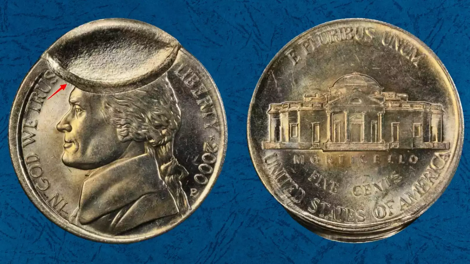 2000-D Jefferson nickel multiple strike error showing overlapping rotated Jefferson portrait impressions